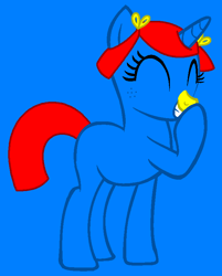 Size: 661x822 | Tagged: safe, artist:frizzlewaffle17, artist:spitfirethepegasusfan39, derpibooru import, pony, unicorn, g4, adult blank flank, base used, blank flank, blue background, eyes closed, female, freckles, giggling, hairclip, laughing, little miss, little miss giggles, mare, mr. men, mr. men little miss, pigtails, ponified, simple background, smiling, solo, species swap, yellow nose