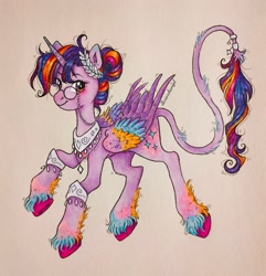 Size: 1545x1600 | Tagged: safe, artist:dariarchangel, derpibooru import, twilight sparkle, twilight sparkle (alicorn), alicorn, pony, g4, colored wings, female, glasses, hair bun, jewelry, mare, multicolored hair, multicolored wings, redesign, regalia, smiling, traditional art, wings