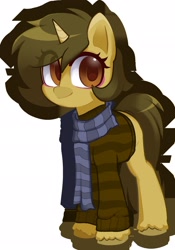 Size: 1436x2048 | Tagged: artist needed, safe, oc, oc only, oc:sagiri himoto, pony, unicorn, brown mane, clothes, female, looking at you, mare, scarf, simple background, smiling, smiling at you, solo, striped sweater, sweater, unshorn fetlocks, white background