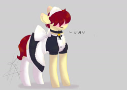 Size: 1410x1000 | Tagged: safe, artist:tragerchelle, oc, oc only, pony, blushing, clothes, maid outfit, male, socks, stallion