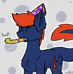 Size: 2000x2026 | Tagged: safe, artist:monycaalot, derpibooru import, oc, oc only, oc:fizark catto, monster pony, original species, pony, tatzlpony, ^^, birthday, colored sketch, concave belly, ear fluff, ears, eyes closed, happy, hat, male, party hat, party horn, simple background, sketch, toot