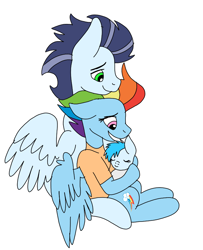 Size: 720x887 | Tagged: safe, artist:dasher666, derpibooru import, rainbow dash, soarin', oc, oc:river, pegasus, pony, the last problem, baby, baby pony, female, filly, foal, male, mare, offspring, older, older rainbow dash, older soarin', older soarindash, parent:rainbow dash, parent:soarin', parents:soarindash, shipping, simple background, soarindash, stallion, straight, white background