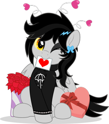 Size: 4393x5000 | Tagged: safe, artist:jhayarr23, derpibooru import, oc, oc only, oc:lightning dee, pegasus, box of chocolates, clothes, commission, dyed mane, female, flower, heart, hoodie, mare, mouth hold, one eye closed, partially open wings, rose, simple background, sitting, solo, spiked wristband, transparent background, wings, wristband, ych result