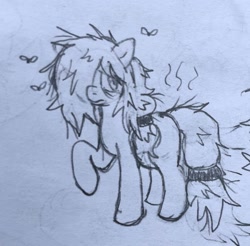 Size: 1529x1503 | Tagged: safe, artist:ponysocks, derpibooru import, oc, oc only, oc:floor bored, earth pony, fly, insect, pony, bags under eyes, female, hair tie, mare, sketch, solo, stink lines, traditional art