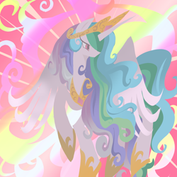 Size: 1280x1280 | Tagged: safe, alternate version, artist:junglicious64, derpibooru import, princess celestia, alicorn, pony, g4, abstract background, crown, eyelashes, female, fire, flying, hoof shoes, hooves in air, horn, jewelry, lineless, long horn, mare, multicolored mane, multicolored tail, no mouth, partially open wings, pink eyes, regalia, solo, tail, tiara, wings