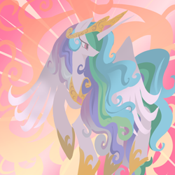 Size: 1280x1280 | Tagged: safe, alternate version, artist:junglicious64, derpibooru import, princess celestia, alicorn, pony, g4, abstract background, crown, eyelashes, female, fire, flying, hoof shoes, hooves in air, horn, jewelry, lineless, long horn, mare, multicolored mane, multicolored tail, no mouth, partially open wings, pink eyes, regalia, solo, tail, tiara, wings