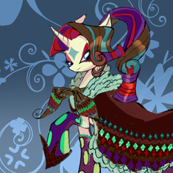 Size: 1280x1280 | Tagged: safe, artist:junglicious64, derpibooru import, rarity, pony, unicorn, g4, alternate design, alternate hair color, alternate hairstyle, blue eyes, clothes, coat markings, dress, eyelashes, facial markings, female, formal wear, hoof shoes, horn, lidded eyes, looking at you, mare, multicolored mane, patterned background, ponytail, ribbon, robe, smiling, solo, star (coat marking), wavy mane