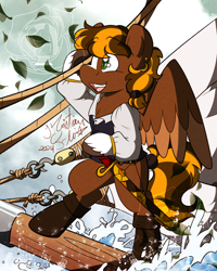 Size: 2400x3000 | Tagged: safe, artist:rosexknight, derpibooru import, oc, oc only, oc:treasure trove, pegasus, pony, blaze (coat marking), coat markings, facial markings, male, pirate, solo, stallion, sword, water, weapon