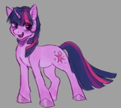 Size: 958x850 | Tagged: safe, artist:kajamnik, derpibooru import, twilight sparkle, unicorn twilight, pony, unicorn, g4, colored hooves, eye clipping through hair, eyebrows, eyebrows visible through hair, female, gray background, mare, multicolored mane, multicolored tail, open mouth, open smile, simple background, smiling, standing, straight mane, straight tail, tail