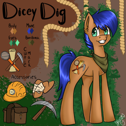 Size: 2048x2048 | Tagged: safe, artist:ikaros, derpibooru import, oc, oc only, oc:dicey digs, earth pony, bag, bandana, blue mane, explorer, green eyes, male, pickaxe, reference sheet, saddle bag, solo, stallion