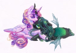 Size: 2019x1433 | Tagged: safe, artist:kajamnik, derpibooru import, princess cadance, queen chrysalis, alicorn, changeling, changeling queen, pony, g4, carapace, colored pinnae, cuddling, curly hair, curly mane, curly tail, curved horn, digital painting, duo, duo female, female, folded wings, green eyes, green mane, horn, horns are touching, infidelity, insect wings, lesbian, lidded eyes, looking back, lying down, mare, multicolored mane, multicolored tail, no mouth, prone, purple eyes, shiny mane, ship:cadalis, shipping, simple background, smiling, spread wings, tail, white background, wingding eyes, wings