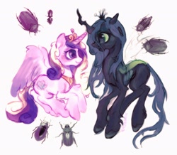Size: 2048x1787 | Tagged: safe, artist:kajamnik, derpibooru import, princess cadance, queen chrysalis, alicorn, changeling, changeling queen, insect, pony, g4, blushing, carapace, colored hooves, crown, curly hair, curly mane, curly tail, digital painting, duo, duo female, eyeshadow, fangs, female, green mane, green tail, hooves in air, infidelity, insect wings, jewelry, leg fluff, lesbian, long legs, long mane, long tail, looking at each other, looking at someone, makeup, mare, multicolored mane, multicolored tail, open mouth, open smile, profile, purple eyes, realistic, regalia, ship:cadalis, shipping, simple background, size difference, smiling, smiling at each other, spread wings, tail, tiara, unshorn fetlocks, white background, wingding eyes, wings