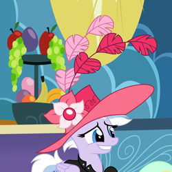 Size: 3000x3000 | Tagged: safe, artist:feather_bloom, derpibooru import, oc, oc:mystic shimmer(fb), oc:silver haze(kaitykat), pegasus, pony, clothes, detailed background, fruit, hat, jacket, leather, leather jacket, nervous, screencap reference