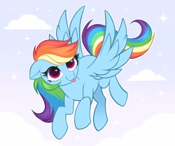 Size: 3110x2585 | Tagged: safe, artist:confetticakez, derpibooru import, rainbow dash, pegasus, pony, g4, :p, cloud, female, flying, high res, mare, sky, solo, sparkly mane, sparkly tail, spread wings, stars, tail, tongue, tongue out, wings