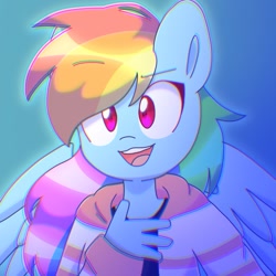 Size: 987x987 | Tagged: safe, artist:dashienuggets, artist:staritalz, derpibooru import, rainbow dash, anthro, pegasus, pony, g4, bust, chromatic aberration, clothes, eyebrows, eyebrows visible through hair, female, gradient background, hand on chest, mare, open mouth, profile picture, solo, wings