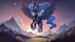 Size: 1920x1080 | Tagged: safe, ai content, derpibooru import, generator:stable diffusion, machine learning generated, princess luna, alicorn, pony, g4, cloud, crown, ethereal mane, female, generator:autismmix pony, grass, grin, hill, hoof shoes, jewelry, lidded eyes, mare, moon, mountain, mountain range, outdoors, peytral, princess shoes, prompter:tyto4tme4l, regalia, scenery, sky, smiling, solo, spread wings, starry mane, starry tail, stars, tail, wallpaper, wing fluff, wings