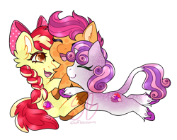 Size: 1280x1012 | Tagged: safe, artist:soffblossoms, derpibooru import, apple bloom, scootaloo, sweetie belle, classical unicorn, earth pony, pegasus, pony, unicorn, g4, adorabloom, cloven hooves, cute, cutealoo, cutie mark crusaders, daaaaaaaaaaaw, diasweetes, eyes closed, female, filly, foal, horn, hug, leonine tail, open mouth, open smile, simple background, smiling, transparent background, trio, trio female, unshorn fetlocks