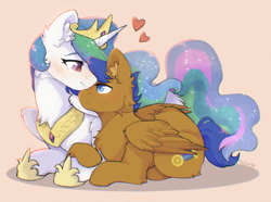 Size: 1690x1255 | Tagged: safe, artist:twinkesss, derpibooru import, princess celestia, oc, oc:crushingvictory, alicorn, pegasus, pony, blushing, canon x oc, chest fluff, cream background, crown, cuddling, duo, duo male and female, ear fluff, ears, eye contact, eyebrows, eyebrows visible through hair, female, floating heart, folded wings, heart, hoof shoes, jewelry, looking at each other, looking at someone, lying down, male, mare, neck fluff, pegasus oc, peytral, prone, regalia, shadow, shipping, signature, simple background, smiling, smiling at each other, stallion, straight, wings