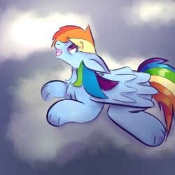 Size: 1024x1024 | Tagged: safe, artist:vitaniz, derpibooru import, rainbow dash, pegasus, pony, g4, cloud, cute, cute little fangs, eyebrows, eyebrows visible through hair, fangs, female, looking up, lying down, lying on a cloud, mare, on a cloud, open mouth, open smile, smiling, solo