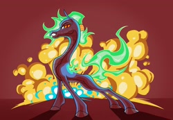 Size: 2048x1417 | Tagged: safe, artist:swayedy, derpibooru import, dragon, hybrid, longma, baihe (tfh), explosion, female, fire, green fire, mane of fire, slender, solo, tail, tail of fire, thin