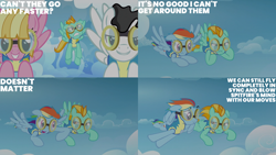 Size: 2000x1125 | Tagged: safe, derpibooru import, edit, edited screencap, editor:quoterific, screencap, lightning dust, meadow flower, mercury, rainbow dash, starry eyes (character), g4, wonderbolts academy, clothes, goggles, uniform, wonderbolt trainee uniform