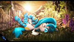 Size: 3840x2160 | Tagged: safe, artist:moonshine, artist:nyxie, artist:xenia-amata, derpibooru import, oc, oc:nyxie, oc:xenia amata, bat pony, 3d, banana, bat pony oc, bat wings, clothes, cuddly, cute, cute little fangs, eating, fangs, feral, flower, fluffy, food, gloves, high res, nature, one eye closed, relaxing, socks, source filmmaker, thigh highs, wings, wink