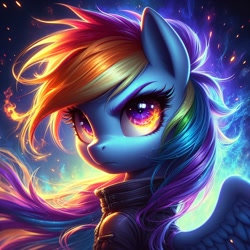 Size: 1024x1024 | Tagged: safe, ai content, derpibooru import, generator:dall-e 3, machine learning generated, rainbow dash, badass, clothes, fire, jacket, leather, leather jacket, looking at you, prompter needed, solo