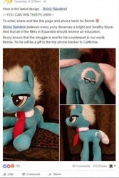 Size: 545x816 | Tagged: safe, derpibooru import, earth pony, pony, bernie sanders, facebook, irl, male, necktie, photo, plushie, ponified, solo, species swap, stallion, text