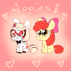 Size: 1080x1080 | Tagged: safe, artist:dexianyincha44820, derpibooru import, apple bloom, earth pony, pony, charlie morningstar, crossover, female, filly, foal, gradient background, hazbin hotel, heart, heart eyes, ponified, sitting, species swap, text, unshorn fetlocks, wingding eyes