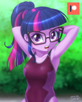 Size: 802x1000 | Tagged: safe, artist:uotapo, derpibooru import, sci-twi, twilight sparkle, equestria girls, g4, armpits, blushing, clothes, female, glasses, one-piece swimsuit, open mouth, solo, swimsuit