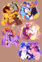 Size: 3067x4471 | Tagged: safe, artist:bunnari, derpibooru import, applejack, big macintosh, cheerilee, cheese sandwich, discord, fleur-de-lis, fluttershy, nightmare moon, pinkie pie, princess luna, rainbow dash, rarity, sunset shimmer, twilight sparkle, butterfly, pegasus, g4, alternate design, alternate universe, antlers, beard, bisexual, blushing, blushing profusely, cheerishy, clothes, duo, facial hair, female, gay, horn, hug, jacket, jewelry, kiss on the cheek, kissing, leather, leather jacket, lesbian, looking at each other, looking at someone, male, mane six, necklace, no pants, painting, polyamory, raridash, rule 63, ship:cheesecord, ship:lunapie, ship:twimac, shipping, signature, spread wings, straight, sunsarity, sunsetdash, sweater, thicc thighs, wall of tags, watcherverse, wide hips, wings