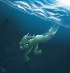 Size: 4500x4700 | Tagged: safe, artist:curryrice, derpibooru import, oc, oc only, hybrid, merpony, original species, pony, seapony (g4), bubble, complex background, crepuscular rays, digital art, dorsal fin, eyelashes, fin, fish tail, flowing tail, green eyes, ocean, scales, signature, smiling, solo, sunlight, swimming, tail, underwater, water