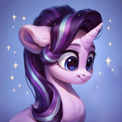 Size: 922x921 | Tagged: safe, ai content, derpibooru import, generator:purplesmart.ai, generator:stable diffusion, machine learning assisted, machine learning generated, starlight glimmer, pony, unicorn, g4, beautiful, big eyes, blue background, blue eyes, cute, detailed, detailed hair, ear fluff, ears, fluffy, prompter:saltyvity, purple hair, simple background, smiley face, smiling, solo, sparkles, stars