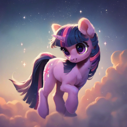 Size: 922x917 | Tagged: safe, ai content, derpibooru import, generator:purplesmart.ai, generator:stable diffusion, machine learning assisted, machine learning generated, twilight sparkle, unicorn twilight, pony, unicorn, g4, beautiful, blue mane, cloud, cute, detailed, detailed hair, ear fluff, ears, fluffy, prompter:saltyvity, purple eyes, simple background, sky, smiley face, smiling, solo, space, sparkles, stars, sunset