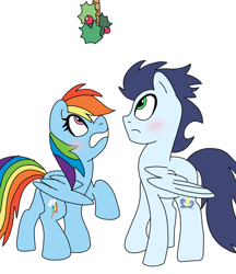 Size: 720x834 | Tagged: safe, artist:dasher666, derpibooru import, rainbow dash, soarin', pegasus, pony, female, holly, holly mistaken for mistletoe, male, mare, shipping, simple background, soarindash, stallion, straight, white background