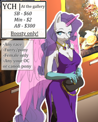 Size: 1600x1987 | Tagged: safe, artist:blueomlette, derpibooru import, oc, anthro, auction, auction open, beautiful, clothes, commission, dress, gallery, painting, solo, your character here