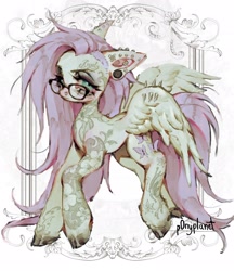 Size: 1770x2048 | Tagged: safe, artist:p0nyplanet, derpibooru import, fluttershy, pegasus, pony, g4, colored hooves, colored pinnae, ear piercing, earring, eyebrows, eyelashes, female, glasses, hooves, jewelry, mare, nose piercing, partially open wings, piercing, pink mane, signature, simple background, solo, standing, tattoo, white background, wing piercing, wings