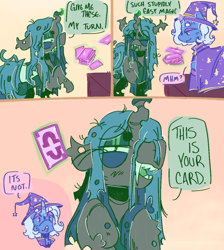 Size: 1075x1201 | Tagged: safe, artist:tottallytoby, derpibooru import, part of a set, queen chrysalis, trixie, changeling, changeling queen, pony, unicorn, g4, alternate hairstyle, alternate universe, beanbrows, blue eyes, blue mane, cape, carapace, card trick, clothes, colored hooves, colored horn, comic, dialogue, eye clipping through hair, eyebrows, eyelashes, facial markings, fangs, female, folded wings, frown, glowing, glowing horn, green eyes, hat, horn, insect wings, lidded eyes, long eyelashes, magic, mare, open mouth, open smile, raised hoof, raised leg, short mane, smiling, speech bubble, straight mane, talking, teal mane, telekinesis, text, trixie's cape, trixie's hat, wings