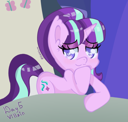 Size: 2500x2392 | Tagged: safe, artist:bubblegooey, derpibooru import, starlight glimmer, pony, unicorn, g4, the cutie re-mark, :3, antagonist, art challenge, blushing, chair, cute, ear fluff, ears, evil starlight, eyeshadow, female, heart, heart eyes, high res, hoof on chin, leaning, leaning on table, lidded eyes, looking at you, makeup, mare, purple eyes, raised hoof, raised leg, s5 starlight, scene interpretation, signature, smiling, smiling at you, smug, smuglight glimmer, solo, table, text, wingding eyes