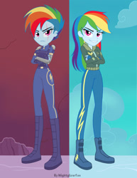 Size: 1280x1657 | Tagged: safe, artist:nightglowfan, derpibooru import, rainbow dash, human, equestria girls, alternate timeline, amputee, apocalypse dash, clothes, crossed arms, crystal war timeline, duality, equestria girls interpretation, eye scar, facial scar, fingerless gloves, frown, gloves, grin, jacket, prosthetic arm, prosthetic limb, prosthetics, scar, scene interpretation, self paradox, smiling, wonderbolts