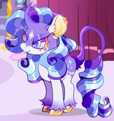 Size: 1997x2105 | Tagged: safe, artist:colorwurm, derpibooru import, rarity, pony, unicorn, g4, alternate color palette, alternate design, alternate eye color, alternate mane color, alternate tail color, carousel boutique, cloven hooves, coat markings, colored eyelashes, colored fetlocks, colored hooves, colored horn, colored pinnae, curved horn, ear fluff, ear piercing, earring, ears, eyeshadow, facial markings, female, horn, jewelry, lidded eyes, long tail, makeup, mare, multicolored eyes, multicolored mane, multicolored tail, piercing, redesign, ringlets, solo, splotches, standing, star (coat marking), tail, thick eyelashes, unshorn fetlocks