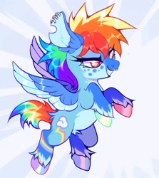 Size: 1600x1790 | Tagged: safe, artist:colorwurm, derpibooru import, rainbow dash, pegasus, pony, g4, alternate design, alternate hairstyle, alternate tailstyle, blaze (coat marking), coat markings, colored ears, colored fetlocks, colored hooves, colored pinnae, ear fluff, ear piercing, earring, ears, eyelashes, facial markings, female, flying, freckles, hooves, hooves in air, jewelry, lidded eyes, mare, multicolored hair, multicolored hooves, multicolored mane, multicolored tail, narrowed eyes, nose piercing, pale belly, piercing, pink eyes, pubic fluff, rainbow hair, rainbow tail, raised hooves, redesign, septum piercing, shiny hoof, shiny mane, shiny tail, smiling, socks (coat marking), solo, sunburst background, tail, thick eyelashes, torn ear, unshorn fetlocks, wingding eyes