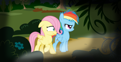 Size: 2000x1024 | Tagged: safe, artist:princessyanderequinn, derpibooru import, fluttershy, rainbow dash, everfree forest, female, filly, filly fluttershy, filly rainbow dash, foal, younger