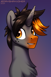 Size: 2000x3000 | Tagged: safe, artist:jedayskayvoker, derpibooru import, oc, oc:alpha omega, pony, unicorn, bust, chest fluff, cute, gradient background, horn, icon, looking at you, male, patreon, patreon reward, portrait, smiling, smiling at you, solo, stallion, unicorn oc