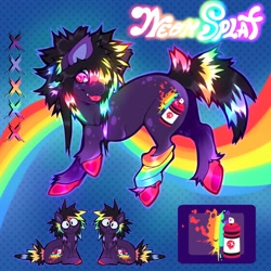 Size: 2000x2000 | Tagged: safe, artist:colorwurm, derpibooru import, oc, oc only, oc:neon splat, earth pony, body freckles, clothes, color palette, colored hooves, colored pinnae, ear tufts, earth pony oc, emo, eyeshadow, fangs, freckles, glowing, glowing mane, glowing tail, hooves in air, leg warmers, lidded eyes, makeup, messy mane, messy tail, multicolored hair, multicolored mane, multicolored tail, neon, patterned background, pink eyes, rainbow hair, rainbow tail, rave, reference sheet, scene, scenecore, shiny mane, shiny tail, sitting, tail, tongue, tongue out, unshorn fetlocks, wingding eyes