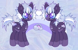 Size: 1842x1184 | Tagged: safe, artist:colorwurm, derpibooru import, oc, oc only, oc:ring toss, earth pony, pony, abstract background, blue sclera, coat markings, colored ear fluff, colored muzzle, colored pinnae, colored sclera, ear fluff, ears, earth pony oc, eyelashes, fangs, female, mare, multicolored mane, multicolored tail, pale belly, ponytail, purple eyes, reference sheet, smiling, socks (coat marking), spiky mane, spiky tail, standing, tail, tied tail