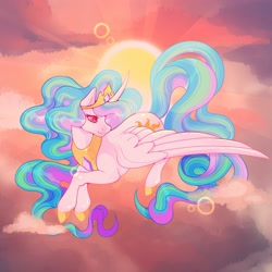 Size: 3000x3000 | Tagged: safe, artist:colorwurm, derpibooru import, princess celestia, alicorn, pony, g4, cloud, colored hooves, colored pinnae, crown, curved horn, eyelashes, female, flying, horn, jewelry, long horn, mare, morning, multicolored mane, multicolored tail, pink eyes, regalia, shiny coat, shiny mane, shiny tail, sky background, smiling, solo, spread wings, sun, tail, tiara, wavy mane, wavy tail, white coat, wings