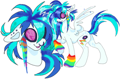 Size: 1096x717 | Tagged: safe, artist:colorwurm, derpibooru import, oc, oc only, pegasus, pony, arm warmers, blue mane, blue tail, body freckles, cheek fluff, clothes, colored pinnae, ear fluff, ear piercing, earring, ears, freckles, fusion, fusion:rainbow dash, fusion:vinyl scratch, goggles, jewelry, leg freckles, ms paint, multicolored hair, multicolored mane, multicolored tail, nose piercing, not vinyl scratch, open mouth, open smile, pegasus oc, piercing, rainbow hair, raised hoof, raised leg, septum piercing, simple background, smiling, solo, spread wings, standing, tail, white background, white coat, wing fluff, wings