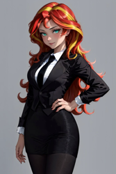 Size: 1024x1536 | Tagged: safe, ai content, derpibooru import, editor:sammykun, machine learning generated, sunset shimmer, human, equestria girls, g4, blurry background, breasts, business, business suit, button-up shirt, cleavage, clothes, curvy, female, hand on hip, hourglass figure, humanized, long hair, long sleeved shirt, long sleeves, looking at you, necktie, pantyhose, pencil skirt, prompter:sammykun, reasonably sized breasts, shirt, simple background, skirt, solo, suit, sultry pose, sunset jiggler, tuxedo, underwear, wet, wet clothes, wet shirt, white shirt