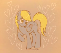 Size: 2560x2232 | Tagged: safe, artist:dariarchangel, derpibooru import, derpy hooves, pegasus, pony, g4, cross-eyed, derp, digital art, female, folded wings, heart, mare, simple background, sketch, smiling, solo, traditional art, wings